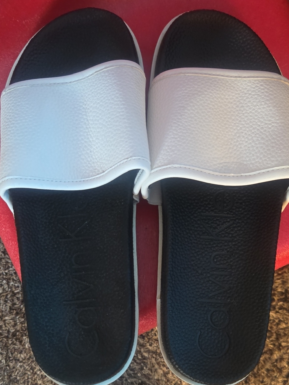 Calvin Klein White Slide Sandals with Black Footbed